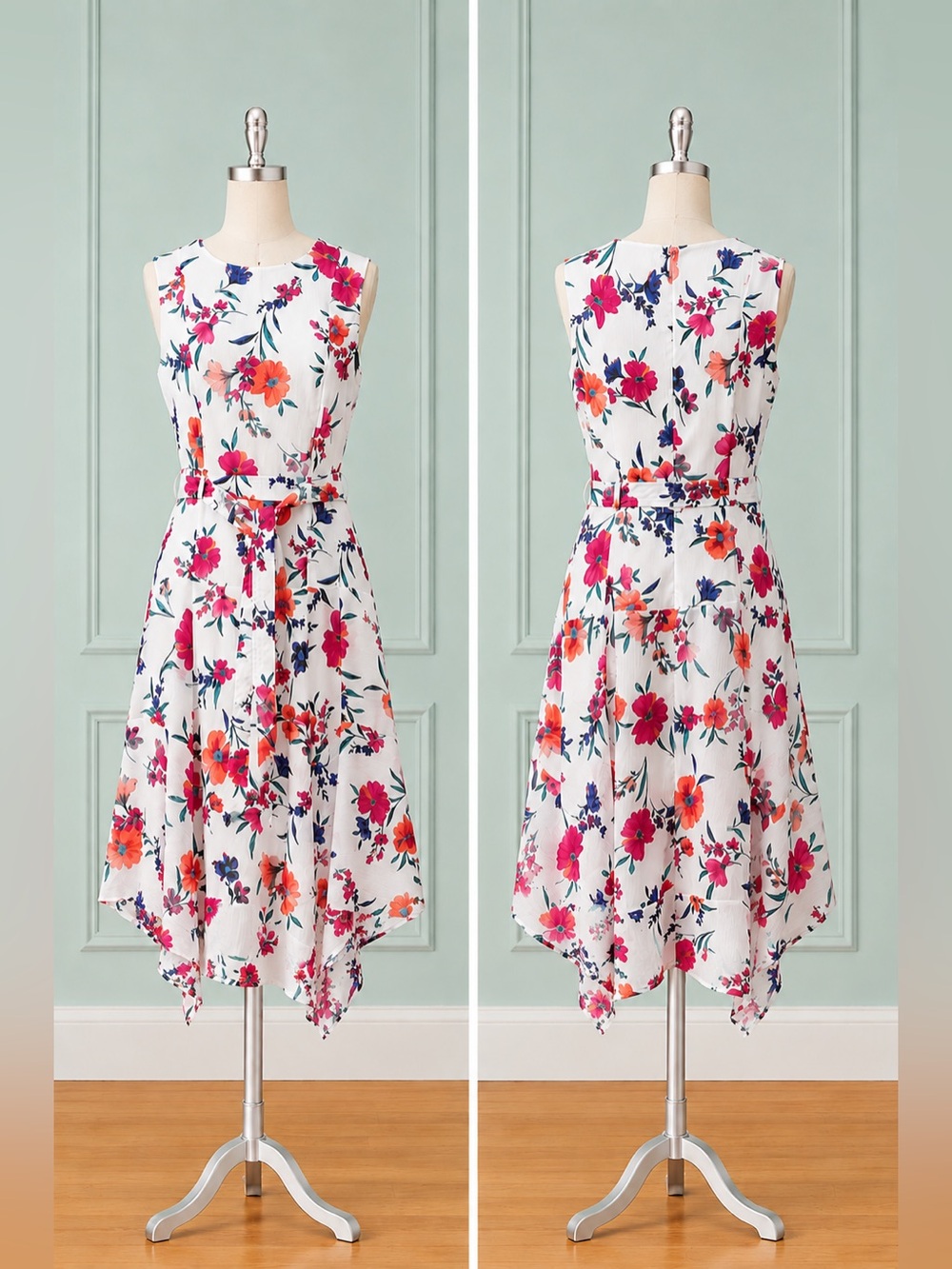 Calvin Klein—8P, White, Multicolor Floral Dress, Handkerchief Hem, Sleeveless